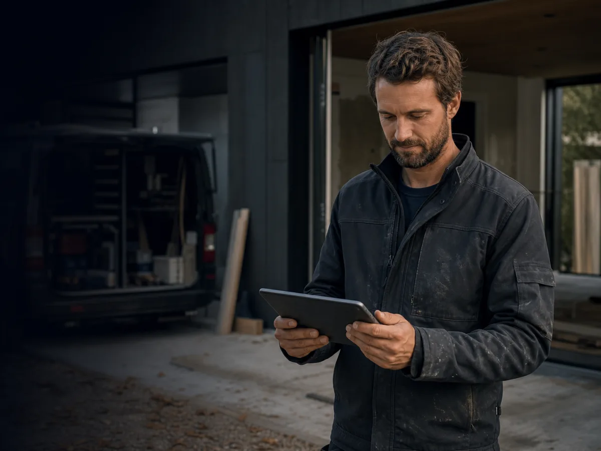 Zelfstandige vakman volgt een project op met een tablet
